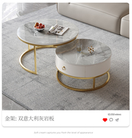 Ensemble de tables basses modernes avec plateau en marbre et structure en métal doré, avec tiroir de rangement et design emboîtable, meubles de salon ronds