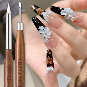 Double Ended Silicone <b>Nail</b> Carving Pen Sandalwood Handle Embossing Mixing <b>Nail</b> Art Tool For Manicure Wholesale - Product Image 2