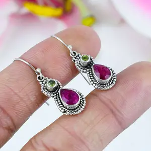 Mới Đến Tự Nhiên Màu Đỏ Của Ruby/Peridot Lê Đá Quý Của Phụ Nữ Món Quà Tốt Đồ Trang Sức Bạc 925 Sterling Bạc Tùy Chỉnh Dangle Bông Tai