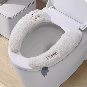 Funda gruesa de felpa para asiento de inodoro, diseño universal con adhesivo de oveja linda para uso en el baño - Product Image 1