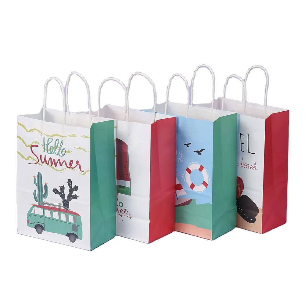 Bolsa de dibujos animados de fiesta de embalaje de regalo ecológica reciclada certificada al por mayor, bolsa de papel kraft de feliz cumpleaños con impresión personalizada/