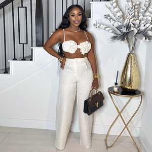 C241214 Elegante Completo Donna con Top a <span class=keywords><strong>Fiori</strong></span> e Pantaloni Lunghi Dritti per Uso Quotidiano - Product Image 4