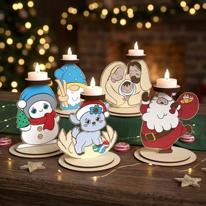 Porte-bougie de Noël en bois, décoration de table, support pour bougie chauffe-plat en forme de dessin animé, décoration de maison pour les fêtes, ornement festif - Product Image 2