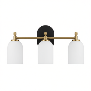 Lampada da parete per bagno Meadows a tre luci in oro spazzolato, 20,5 pollici, in vetro bianco satinato, design contemporaneo - Product Image 1