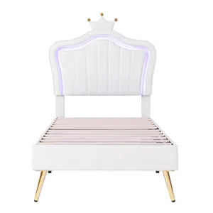 Modern PU Leather LED Solid Wood Crown Bed For Children Bedroom Furniture