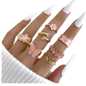 Set di Anelli da Donna INS Bohemien Trendy in Lega Smaltata Rosa con Stella, Farfalla, Margherita, Lettera e Fiore, Gioielli per Feste e Uso Quotidiano - Product Image 1