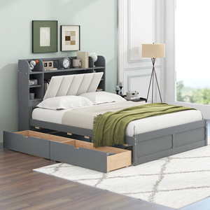 Cama Moderna de Madera Maciza con Plataforma, Cabecera Acolchada con Almacenamiento y Cajones para Dormitorio de Niños y Adultos - Product Image 6