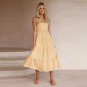 Custom Checked Pleated Chiffon Tiered beach <b>dress</b> Cross Back Ruffle long <b>dresses</b> women Summer <b>Plaid</b> elegant casual <b>dresses</b> - Product Image 1