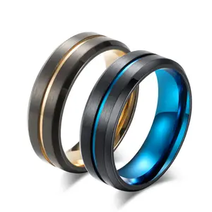 Nouveau titane mat noir hommes anneau Double couleur anneau bleu/or couleur mince ligne anneau bande de mariage mâle Alliance bijoux 8mm