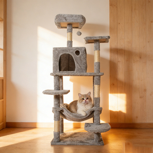 Ecologische, op maat gemaakte, luxe, moderne, hoge klimtoren voor katten, groothandel houten kattenkrabpaal huis toren - Product Image 1