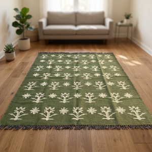 Handwoven Green Area <b>Rug</b> With White Floral Pattern Fringe Bohemian Style Living Room Carpet Rectangle Wool Acrylic Jute Backing - Product Image 3