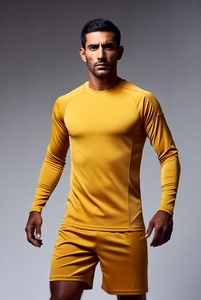 Conjunto Deportivo para Hombre, Camiseta Amarilla de Manga Larga con Cuello Redondo y Pantalones Cortos, Transpirable, para Todas las Temporadas - Product Image 1