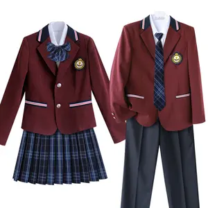 Manufacturer Custom British Japan School Uniform Outfits Girls Boys Anime Cosplay Costume Blazer Shirt Tie Badge Plaid Skirt