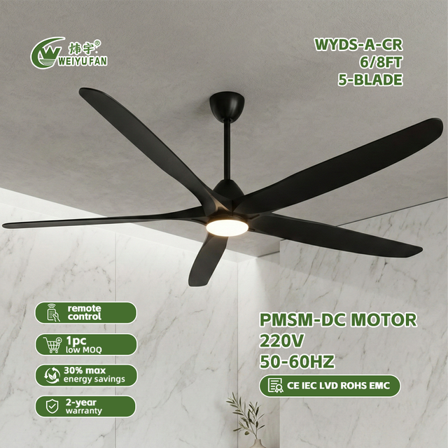 98 Inch ABS Commercial Dining Ceiling Fan with LED Light DC Motor 5 Straight Blades White 220V IR Remote Control 2-Year Warranty