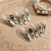 Ongles artificiels personnalisés en gros, faits à la main, en acrylique, à presser, forme amande, longs, effet œil de chat, gemmes de luxe, à coller