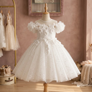Blossom Luxury Princess Dress White 3D Floral Puffy Sleeve Sequin Tulle Knee-Length Breathable Lightweight Girls Tutupetti Made - Product Image 2