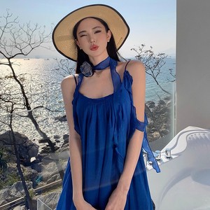 Klein Blue Chiffon <b>Spaghetti</b> <b>Strap</b> Pencil Silhouette Maxi Dress Loose Backless Breathable Holiday Beach Vacation Women's Casual - Product Image 4