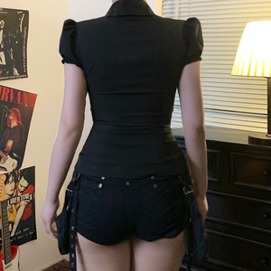 Blusa de Mujer con Apliques de Leopardo, Cuello Solapa, Manga Abullonada, Estilo Europeo Americano, Corte Ajustado, Ligera y Moderna - Product Image 6