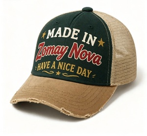 Casquette de camionneur 6 panneaux effet vieilli à visière plate et dos <span class=keywords><strong>en</strong></span> maille, broderie personnalisée pour usage extérieur quotidien, vente <span class=keywords><strong>en</strong></span> gros, fabricant - Product Image 1