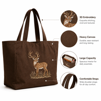Sac fourre-tout en toile personnalisé avec logo brodé motif cerf, grand format, durable, en coton réutilisable, écologique, pour courses et yoga