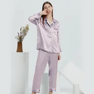 wholesale Luxurious Two Pieces Misty Blue Silk pajama Sets Men's 100% organic Silk Pajamas Custom Size Women's Silk sleep wear