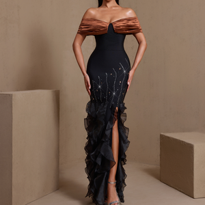 Ocstrade Nuovi Arrivi <span class=keywords><strong>Abiti</strong></span> da Donna <span class=keywords><strong>Eleganti</strong></span> per Feste Serate Senza Spalline con Rete, Volant e Perline - Product Image 1