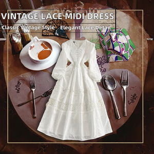 White V-Neck Boho Midi Dress With Puff Sleeves Lace Cut-Outs Floral Embroidery A-Line Loose Fit Casual Spring Wear - Product Image 2
