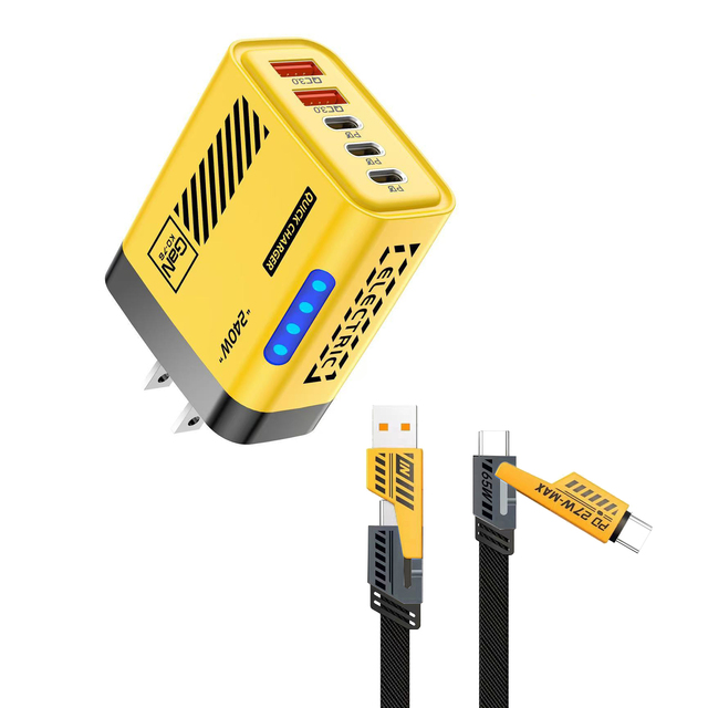 240W USB-C GaN Fast Charger With LED Light 5 in 1 2 USB+3 Type C PD 240 W Multi Port Quick Charge With 4in1 Cable Adapter