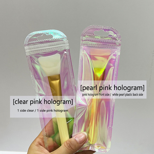 Tas Kemasan Holografik Merah Muda dengan Puff Bedak Aplikator Kosmetik Kantong Plastik Zip Lock - Product Image 2