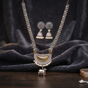 Allure of Designer Brass Oxidised Long Necklace Set with Link Chain Imitation Pearl Pendant Necklaces and Two Tone Plating - Product Image 2