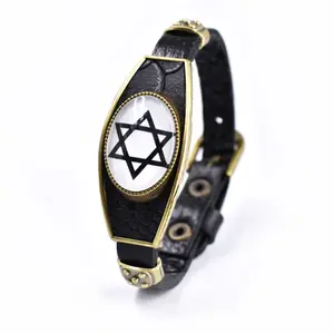 Vintage noir marron en cuir véritable afrique à la mode rapide mouvement totem israël drapeau bracelet en alliage de zinc accessoires pour hommes