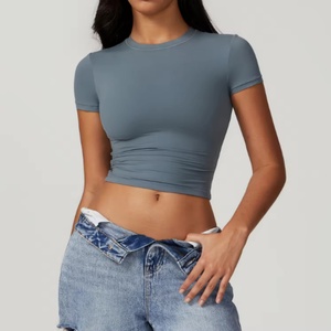 T-shirt court sexy et ajusté pour femme, excellent rapport qualité-prix, été, manches courtes, plissé, tricoté, taille XL, imprimé - Product Image 5