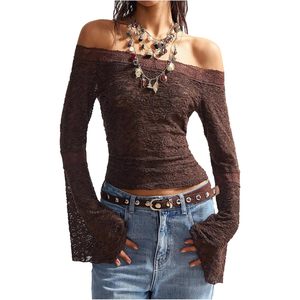 Women's Boho <b>Gothic</b> Lace Off The Shoulder Top Bell Sleeve Sheer Fitted Crop Blouse Everyday Wear - Product Image 1