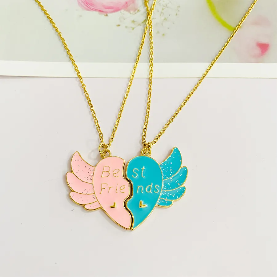 Collier pendentif en alliage d'ailes d'ange colorées épissées pour enfants populaires-Bijoux à la mode pour les jeunes