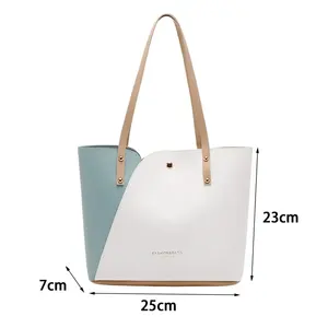 High Quality PU Leather Women's <b>Handbag</b> <b>Large</b> Capacity Patchwork Color Shoulder Bag Button Closure Fashionable Wild Style Canvas - Product Image 6