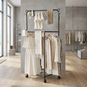Minimalist Double Tier Clothing <b>Rack</b> With Wheels Metal Storage Holder For Living Room Multifunctional Standing Type - Product Image 4
