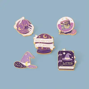 Purple Wizard Hat Book Ball Enamel Pin Witch Halloween Cat Lapel Pins Hard Enamel Custom Metal Brooches