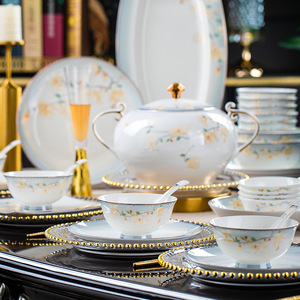 Modern Luxury Elegant Bone China Flower Plates Bowls <b>Dinnerware</b> <b>Set</b> Dishwasher Safe Utensils Kit Wholesale Manufacturer Direct - Product Image 2