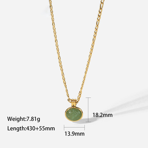 Gioielli di giada verde collane con ciondolo in pietra naturale impermeabile con collegamento a catena Figaro in acciaio inossidabile placcato oro 14K per le donne - Product Image 2