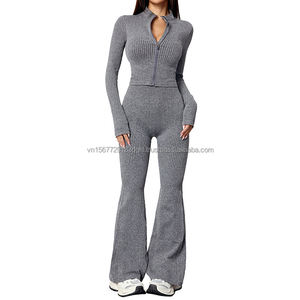 Conjunto de Pantalones de Campana con Cremallera y Manga Larga para Otoño e Invierno, Conjunto Deportivo de Yoga y Fitness, Conjunto de Fitness de Cintura Alta con Efecto Levanta Glúteos para Mujer - Product Image 5