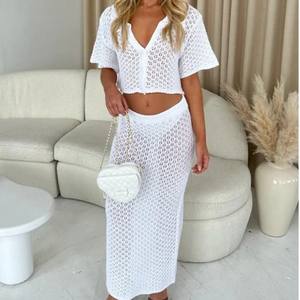 Completo in Maglia Lavorata a Uncinetto Cardigan Multicolore con Bottoni e Gonna Set Due Pezzi Moda Donna - Product Image 5