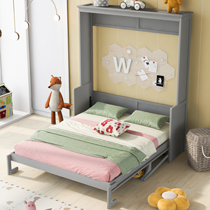 <span class=keywords><strong>Lit</strong></span> Murphy <span class=keywords><strong>mural</strong></span> gris taille Queen avec étagère latérale, meuble de chambre multifonctionnel - Product Image 4