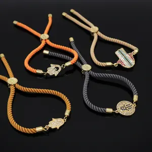 Benutzer definierte Fabrik Großhandel verstellbare orange grau Seil Auge Hand Charm Schmuck CZ vergoldet Hamsa Hand Armband für Frauen Geschenk