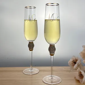 Elegant Champagne Flutes Long Stem Wedding Gold Rim Diamond Champagne Glasses With Custom Gift Box