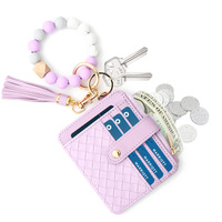 Porte-cartes en cuir d'été très populaire, porte-clés bracelet perlé en silicone, porte-clés tressé à la main en perles de silicone, vente en gros