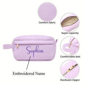 Corduroy Cosmetic <b>Bag</b>, Custom Name Embroidered Makeup Pouch, Large Capacity <b>Travel</b> <b>Toiletry</b> <b>Bags</b> - Product Image 5