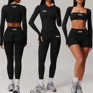 OEM femmes Yoga Leggings Set Sports Tube Top Crop Smock à manches longues à capuche Zipper Jacket Outdoor Running Pants Gym Fitness Sets - Product Image 2