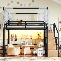 Lit mezzanine moderne en métal pleine taille avec rangement, escalier, armoire, baldaquin et éclairage LED – Gain de place, robuste, pour chambre d'étudiant, ODM OEM