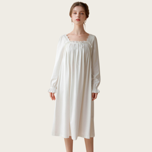 Women's Viscose Bamboo Nightgown Long Sleeve Square Collar Loungewear <b>Knitted</b> Elastic Waist Soft Sleepwear Spring Knee Pajama - Product Image 1