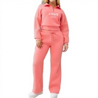 Ensemble de survêtements décontractés personnalisés pour femmes, en molleton de coton rose doux et épais, avec logo imprimé, coupe courte, comprenant un sweat à capuche et un pantalon de jogging